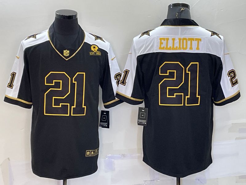 Men Dallas Cowboys 21 Elliott Black Thanksgiving gold characters 2022 Nike Limited NFL Jersey